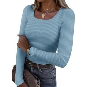 New Large Long Sleeve, Scoop Neck, Ribbed, Light Blue Fitted Shirt